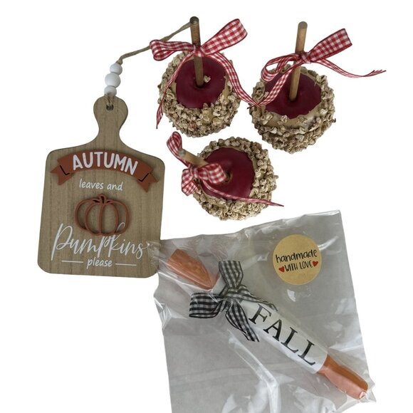 Hobby Lobby & Handmade Other - 5 pc Autumn Decorative Set Wooden Sign Faux Caramel Apples and Fall Rolling Pin